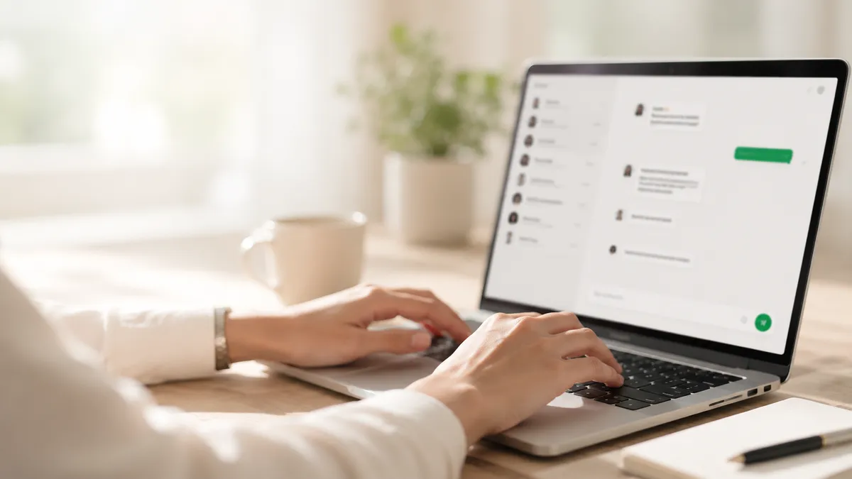Iemand typt op een laptop met een chatgesprek op het scherm