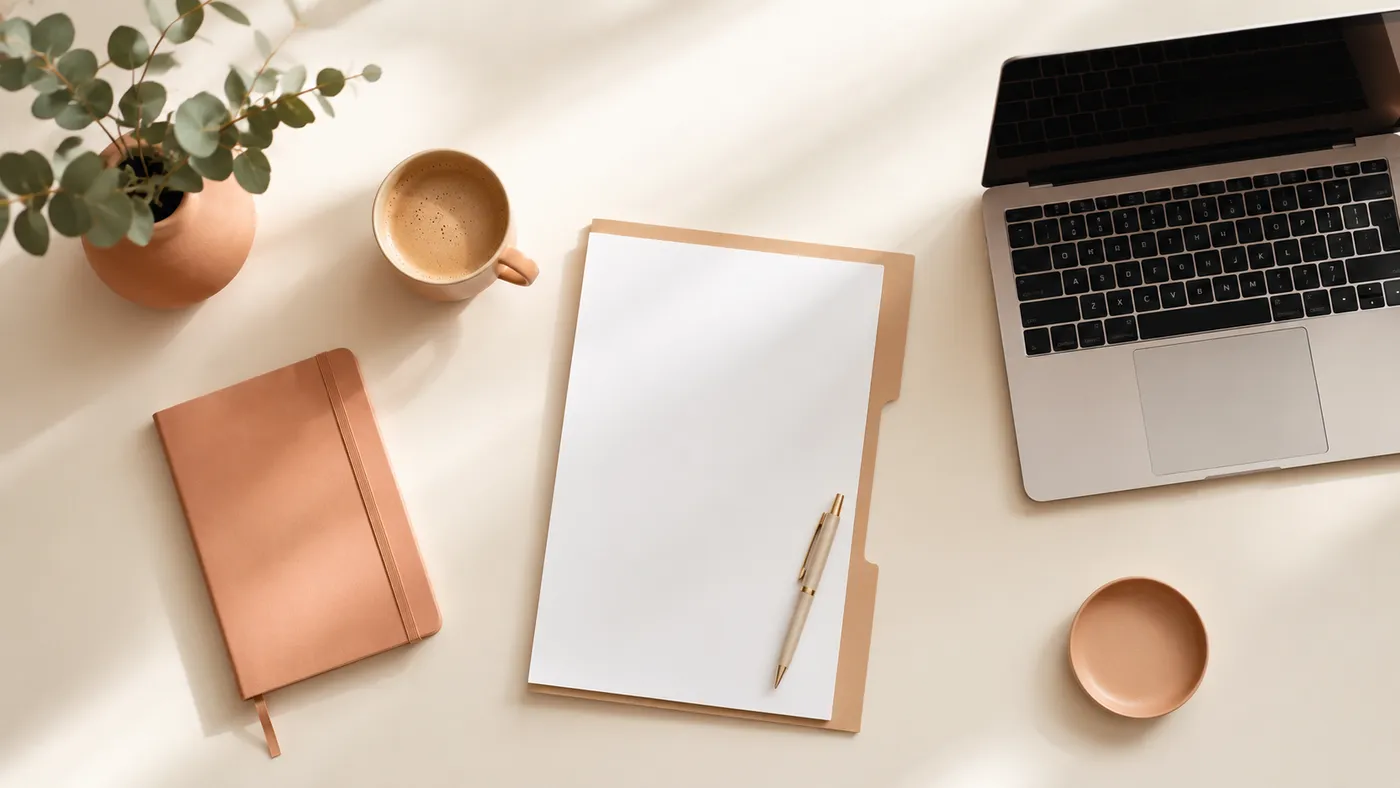 Rustige werkplek met laptop, notitieboek en koffie